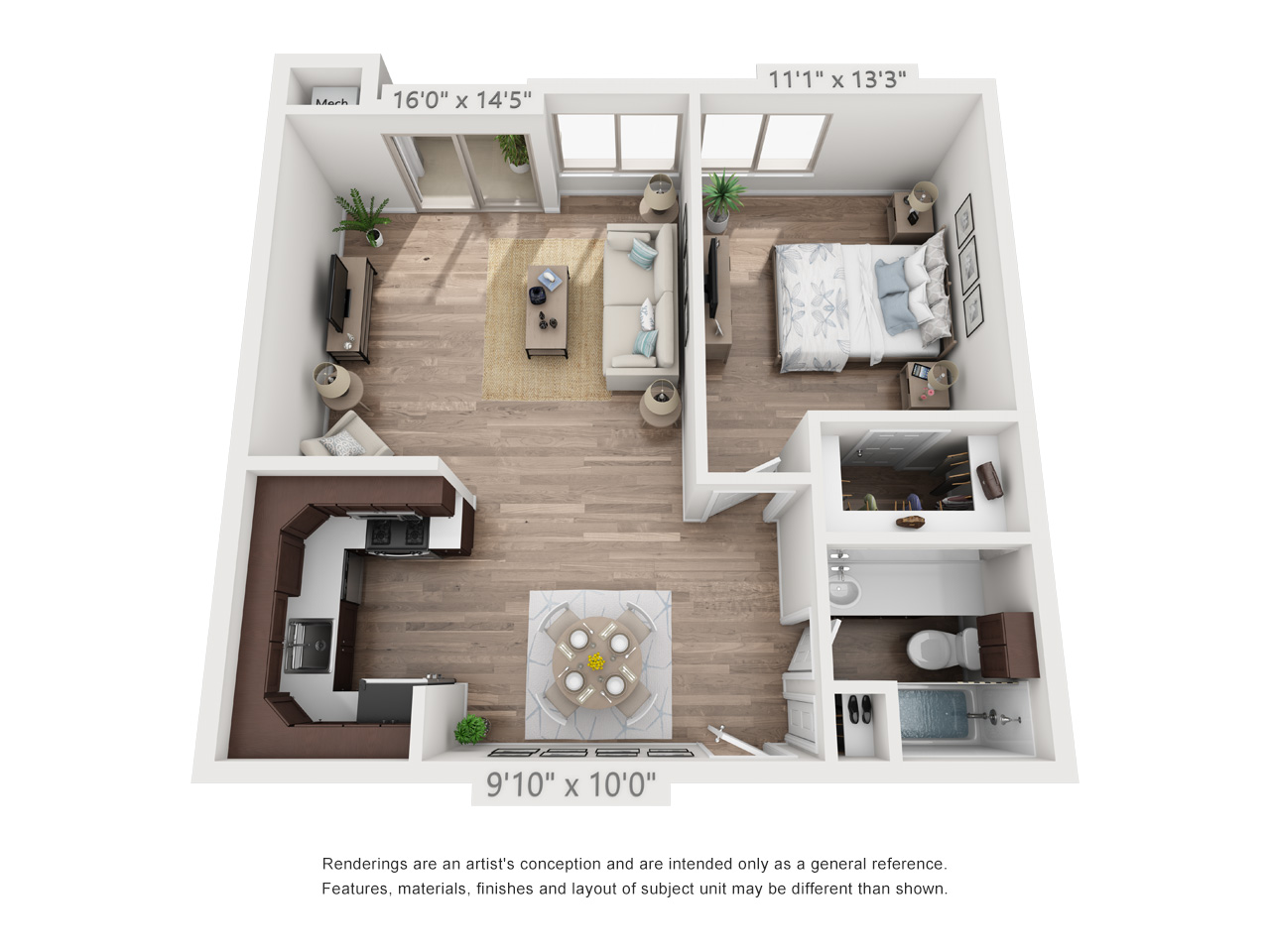 Floor plan for 1 bed, 1 bath, 705 sqft